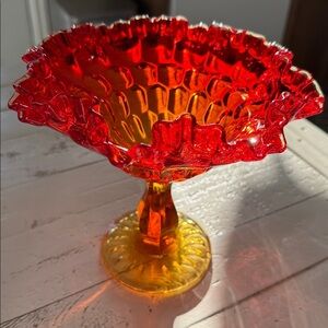 VTG Fenton Glass Colonial Orange Double Crimped Footed Pedestal Bowl cadmium